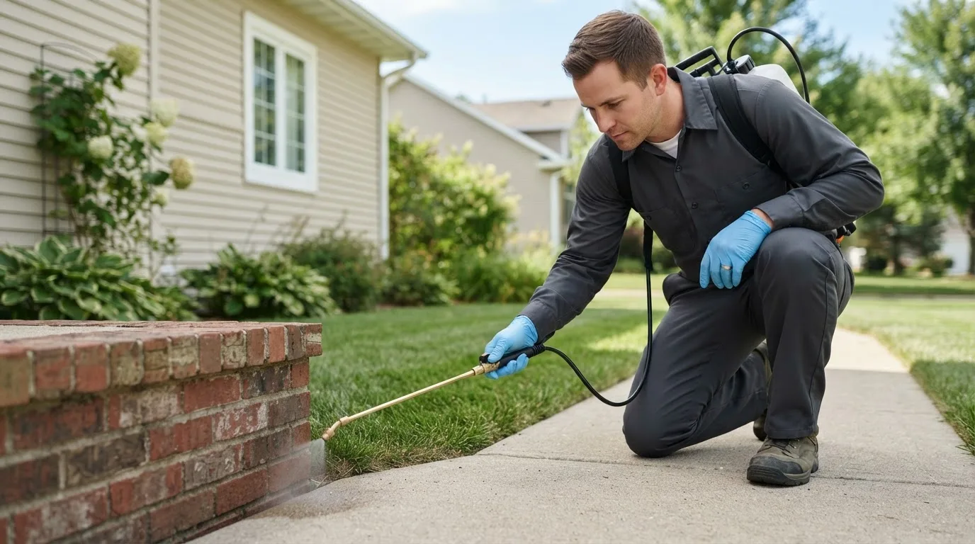 Pest control technician treating a home near Bunker Hill, IN